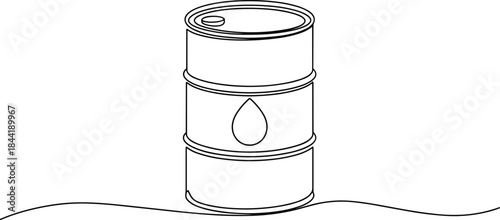 Black and white oil barrel with drop symbol on sandy ground