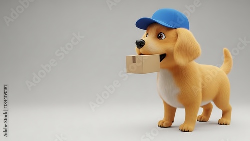 Cute Dog Courier Wearing Blue Cap Holding Cardboard Box in Mouth