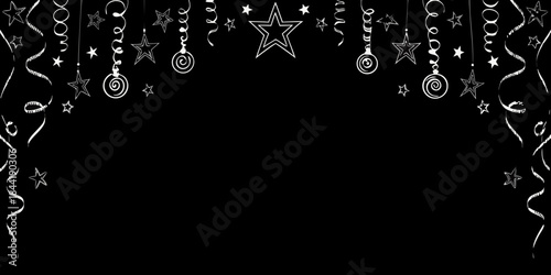 A black background adorned with white stars spirals and festive hanging ornaments