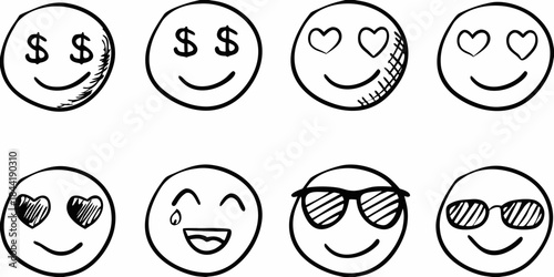 Simple black and white doodle style emoticons displaying various expressions