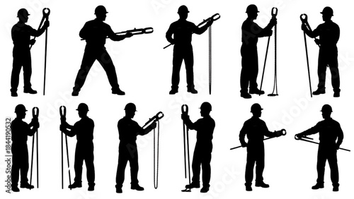 Industrial Worker Silhouettes Collection Performing Labor and Equipment Handling Tasks, CAD Style
