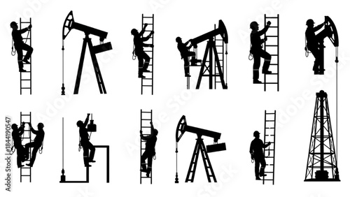 Vector silhouettes of oil industry workers climbing ladders and equipment like pumpjacks and drilling rigs