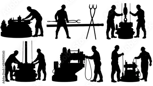 Collection of Silhouetted Industrial Workers Operating Heavy Machinery and Performing Metalworking Tasks