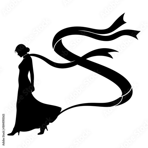 Elegant woman in flowing dress silhouette isolated on white background