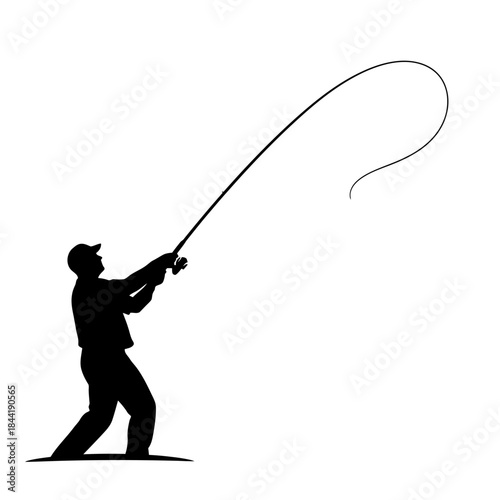 Fisherman casting rod silhouette isolated on white background