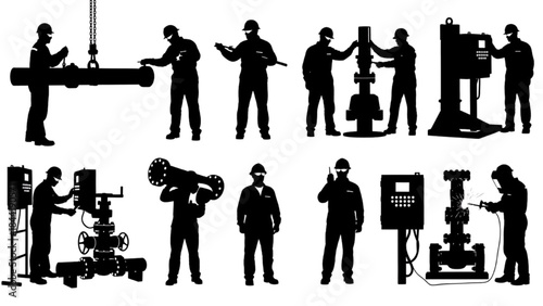 Oil Rig Industrial Workers Silhouette Collection CAD Style Drilling, Valve, and Control Operations