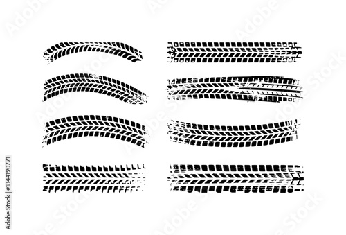 Collection of Black Tire Tracks and Tread Marks on White Background