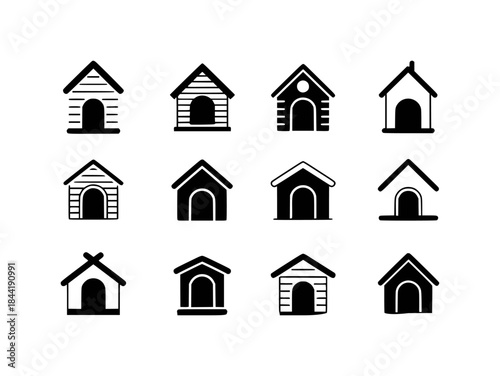 Collection of Dog House Icons, Pet Shelter Symbols, and Canine Home Illustrations