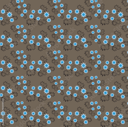 Seamless Blue Floral Vine Pattern on Taupe Background