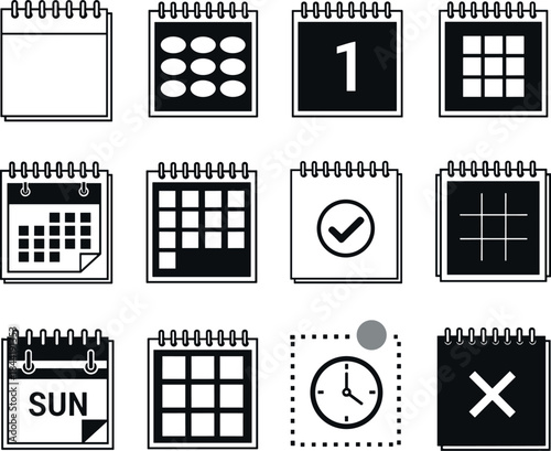 Monochrome Calendar Icon Set for Planning Scheduling and Date Management