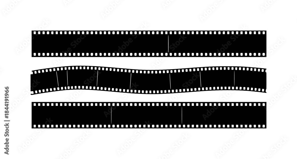 Obraz premium Three Strips of Black Film Reel with Perforations on White Background