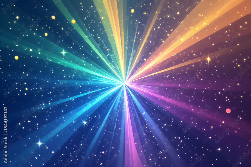 Naklejka premium Radial Burst of Rainbow Light with Sparkling Stars