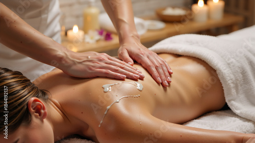 Wallpaper Mural A therapist applying oil for a back massage on a woman in a spa. Professional masseuse providing a relaxing body treatment for wellness and self-care Torontodigital.ca