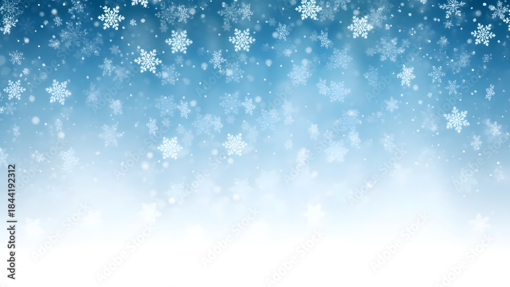 Fototapeta premium Snowflakes falling gently against a serene blue and white winter sky background