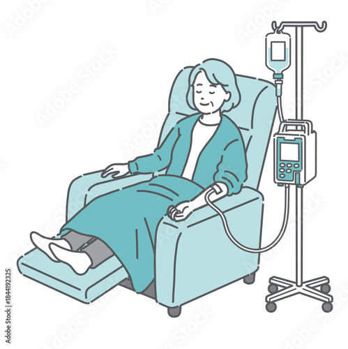 リクライニングチェアで点滴中に眠る高齢女性（透析・化学療法・休息）