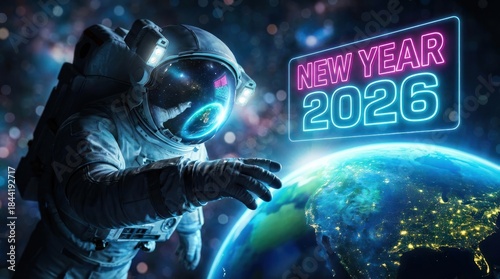 Astronaut Celebrating New Year 2026 in Cosmic Space Environment