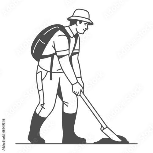 Man Digging with a Shovel in Line Art Style