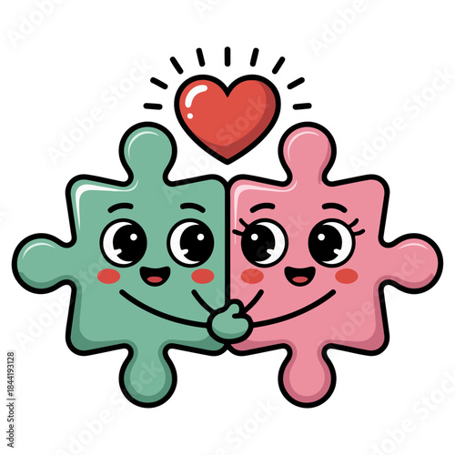 Smiling Hugging Puzzle Pieces with Heart