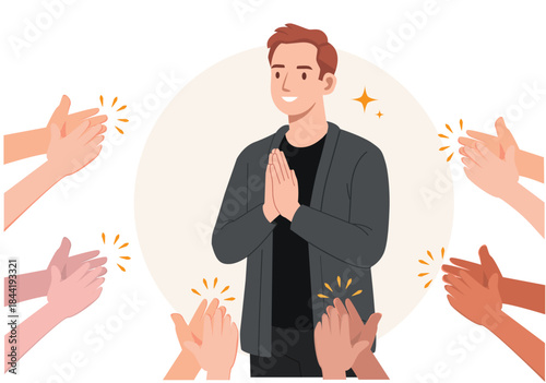 Illustration Man Receiving Applause with Wai Greeting Gesture
