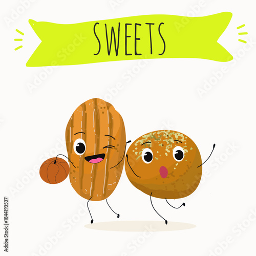 Funny Characters Ekmek kadaif. Turkish,  Eastern sweets. Hand drawn vector illustration.