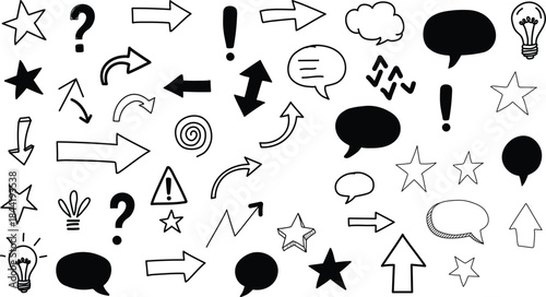 Collection of hand drawn speech bubbles and punctuation icons