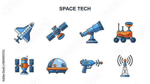 Set of eight blue and orange flatstyle space technology icons on a white background