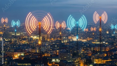 Cityscape at dusk with illuminated cell towers and vibrant signal waves
