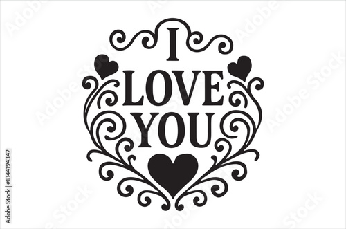 An elegant black and white circular design prominently displays the word love you with decorative floral elements