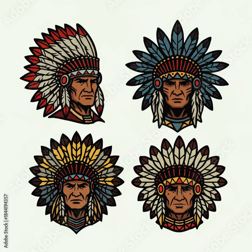 Set of four traditional Native American chief illustrations with feathered headdresses