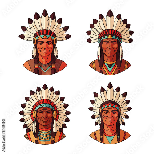 Set of Native American Chief Illustrations with Traditional Headdresses