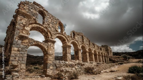 Ancient Stone Arch Ruins with Dramatic Cloudy Sky and Desert Landscape Textured Walls and Low Angle Shot with Natural Light Creates a Sense of History and Decay