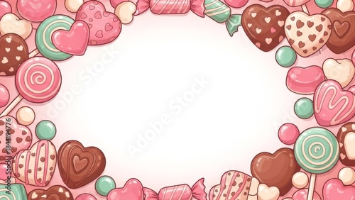 Sweet candy and chocolate heart frame with lollipops and wrapped treats on a pink background, perfect for Valentine's Day.