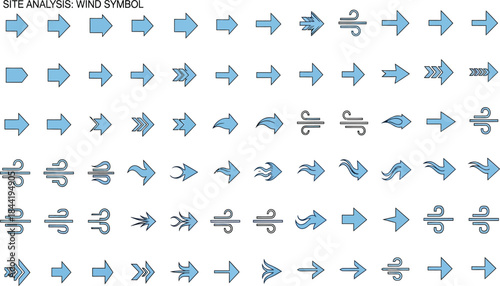 Collection of Arrows Symbolizing Wind Direction and Intensity for Site Analysis