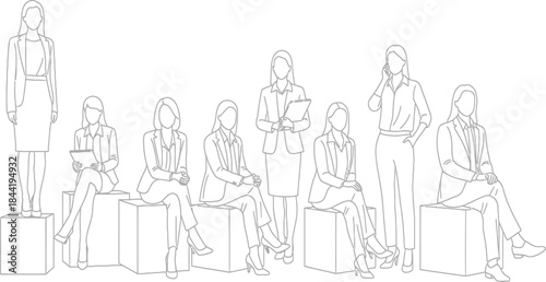 Collection of women in business attire, standing and seated, presented as a white line art illustration on a plain background