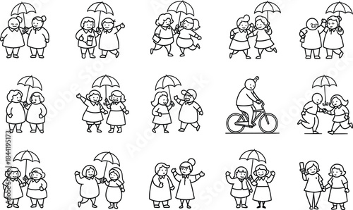 Playful Interactions, Friends Sharing Umbrellas, Urban Park, Illustration, Lighthearted, Whimsical Mood