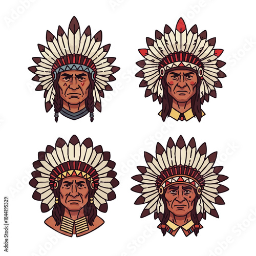 Set of Native American Chief Illustrations with Traditional Headdresses