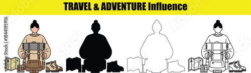 Female hiker with backpack map and boots in four styles vector illustration