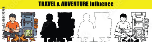 Cartoon man with backpack and camping gear preparing for adventure vector illustration