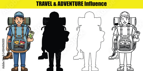 Backpacker with rolled map and large backpack in four styles travel adventure
