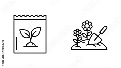 Seed packet and growing plant with gardening tools in line art style