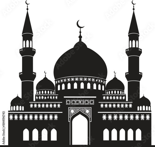 Illustration of a mosque with minarets and domes