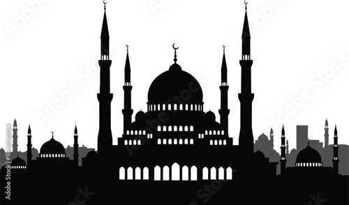 Mosque silhouette at dusk with minarets and domes