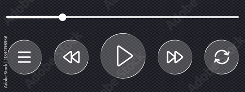 Glass liquid contemporary media player controls featuring play, skip, menu, and repeat options. Music, video player symbol. vector illustration.