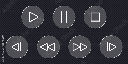 Glass morphism Media control web buttons icon on transparent background. play, pause, stop, previous track, fast backward, fast forward, and next track symbol. vector illustration.