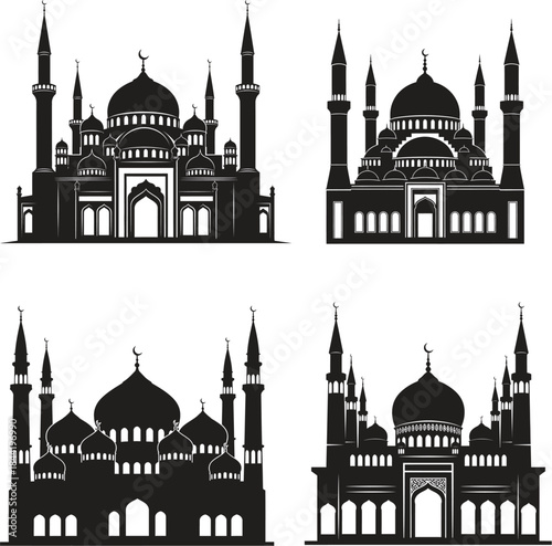 Four mosque silhouettes with domes and minarets on white background