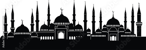 Mosque silhouette with multiple domes and minarets