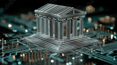 Digital Representation of a Bank Building on Circuit Board Background with Glowing Effects and Technology Elements