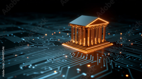 Digital Representation of a Bank Building on Circuit Board Background with Glowing Effects and Technology Elements