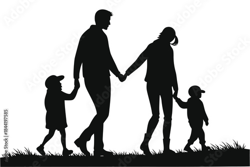Family silhouette vector of parents and children walking together with love