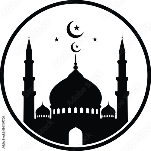 Islamic mosque silhouette with crescent moon and stars